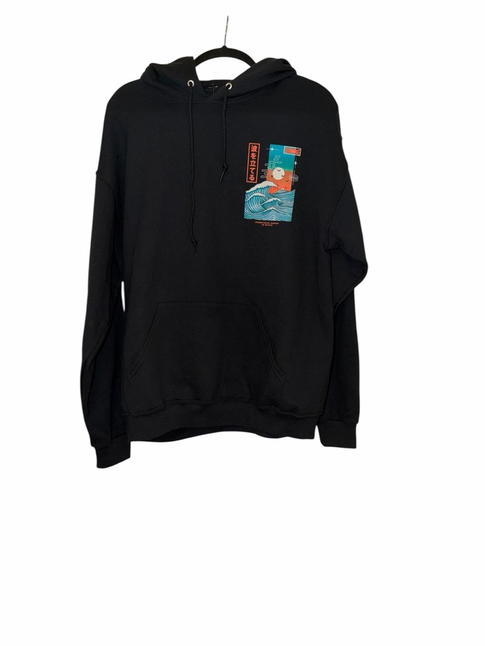 Black NWT Graphic Pullover Hoodie with Japanese Wave Motif - Women's